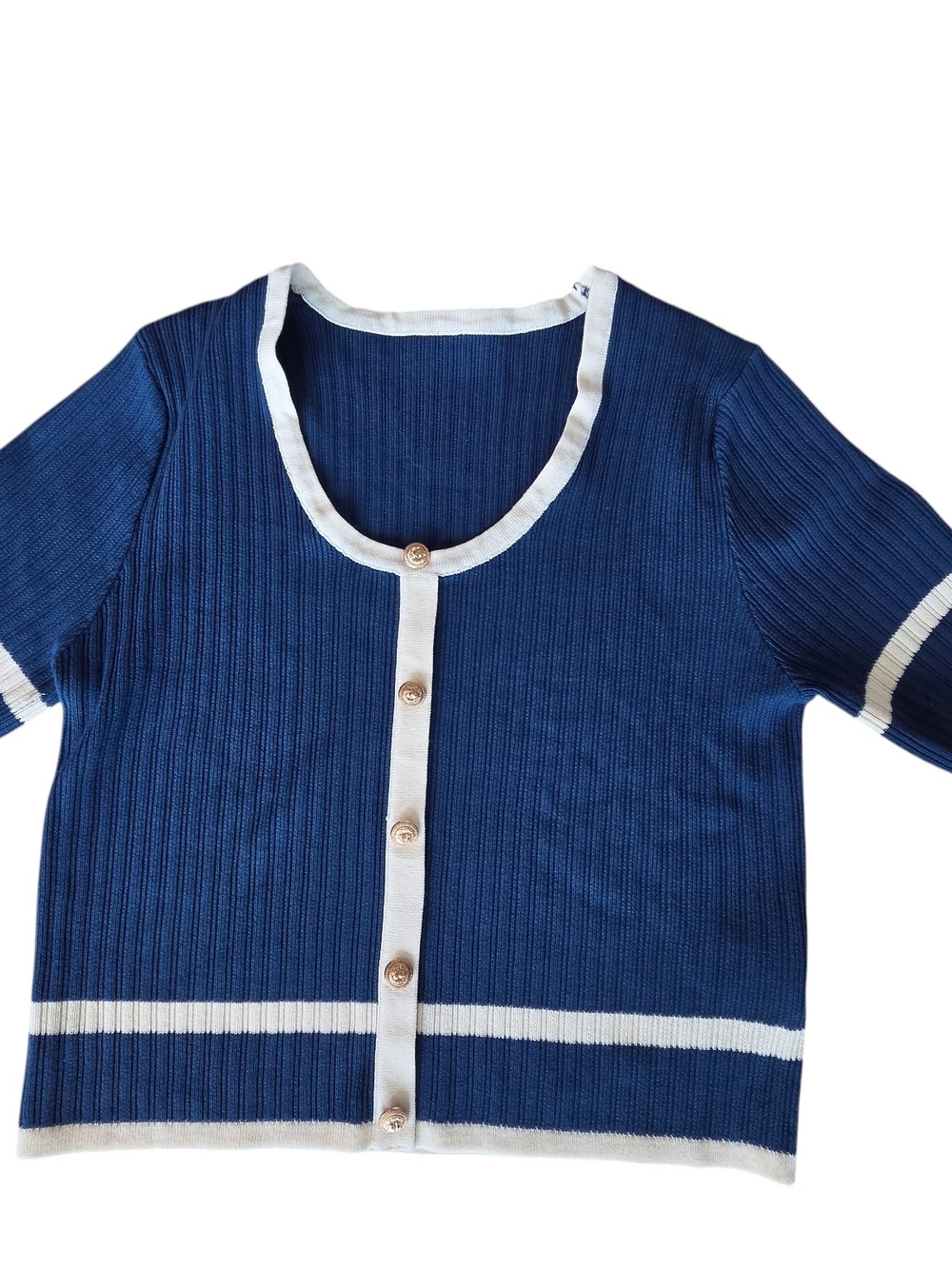 Knit Mix Navy Ribbed Short Sleeve Cardigan with White Trim SZ S